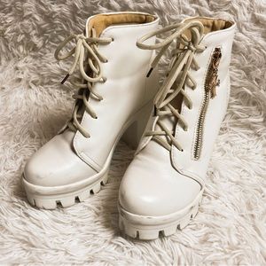 White Platform Lace-Up Heeled Booties